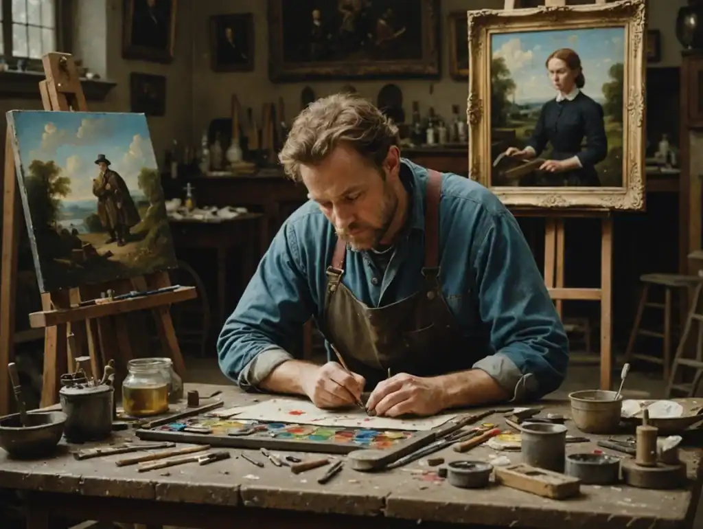 Alan Brown painting restoration studio featuring a painter in a blue shirt and brown apron, working at a cluttered table with brushes, pigments, and two portraits on easels
