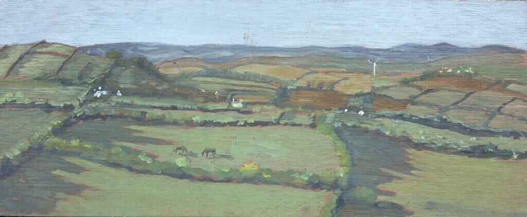 A lush green countryside landscape painted in an impressionistic style, featuring rolling hills, small farmhouses, and winding roads, capturing the serene beauty of rural England.