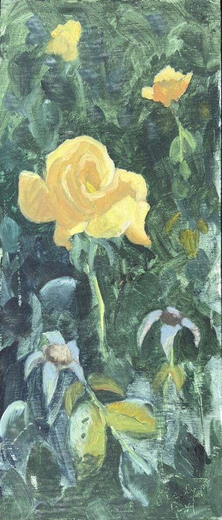 Vibrant yellow roses on a lush green background, painted with expressive brushstrokes, capturing the natural beauty and detail of floral art – perfect for art lovers and floral decor enthusiasts.