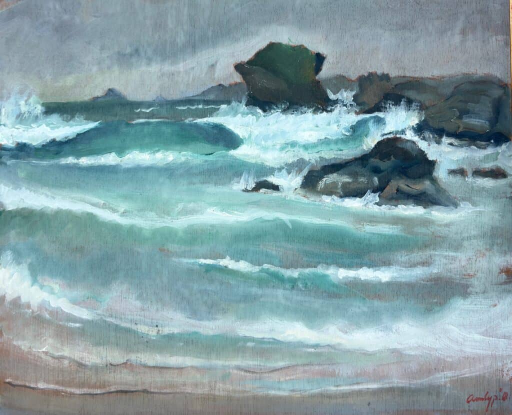 Vibrant seascape painting of crashing waves and rocky shoreline, capturing the dynamic motion and natural beauty of the ocean. Perfect artwork for coastal or nautical-themed decor.